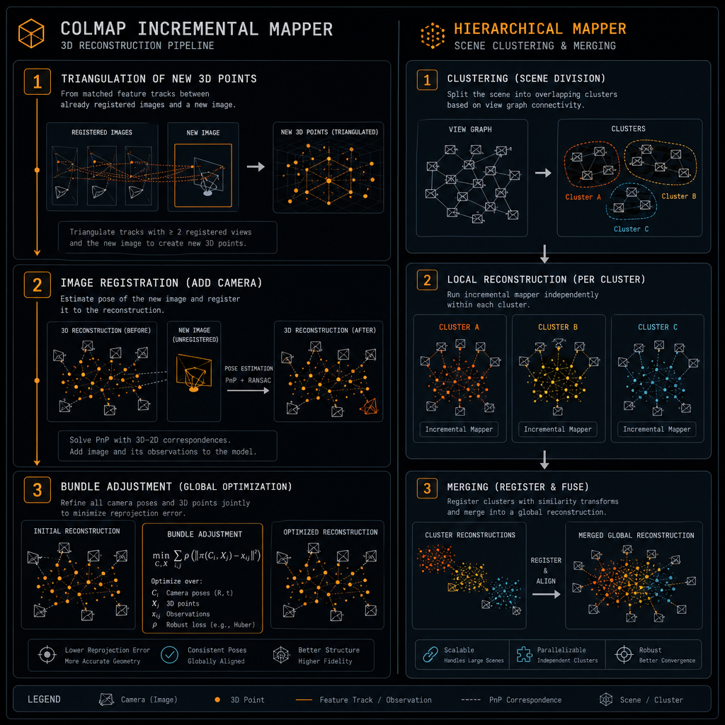 COLMAP incremental + hierarchical mapper — triangulation, registration, bundle adjust