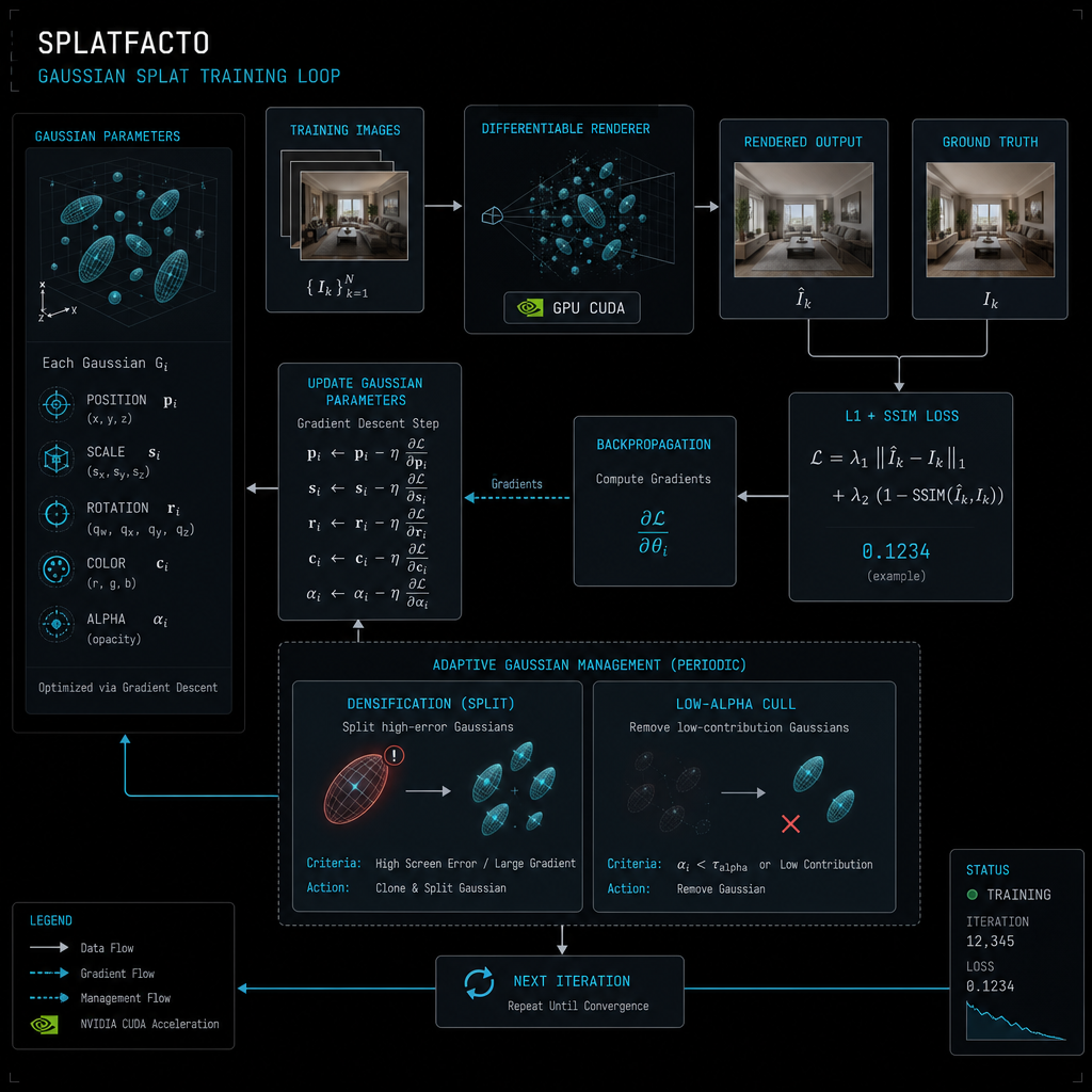 splatfacto training loop — render, loss, gradient backprop, densify/cull
