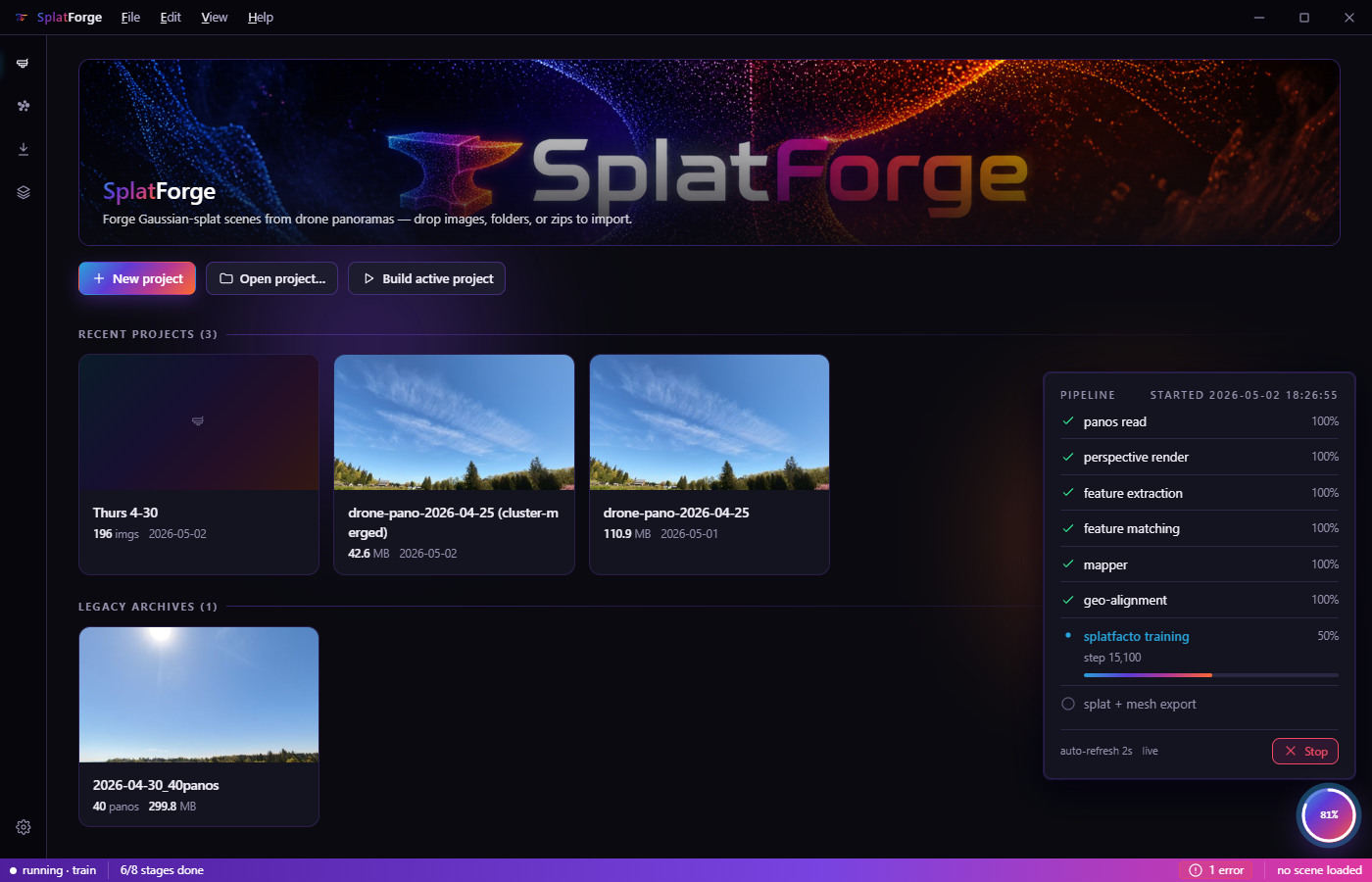Splat Forge dashboard with recent and legacy projects, plus a live pipeline log on the right.