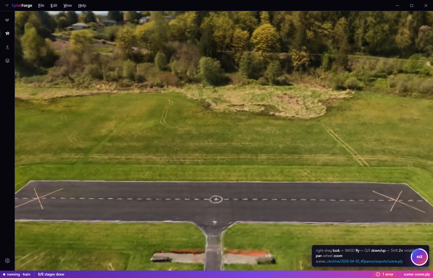 Splat Forge's built-in 3D viewer rendering a finished aerial scene of a runway.