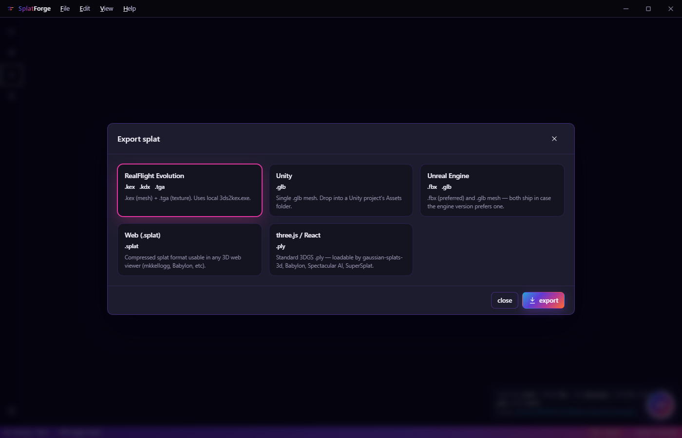 Export dialog offering RealFlight Evolution, Unity, Unreal Engine, the browser, and three.js targets.