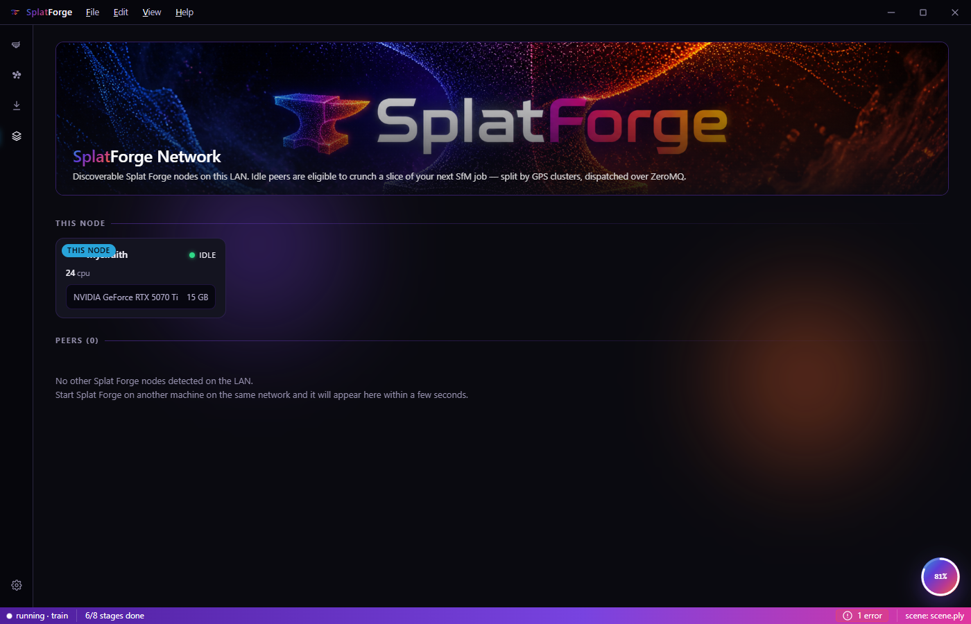 Splat Forge Network panel showing GPUs discovered on the local LAN, with a placeholder where additional LAN peers would appear.