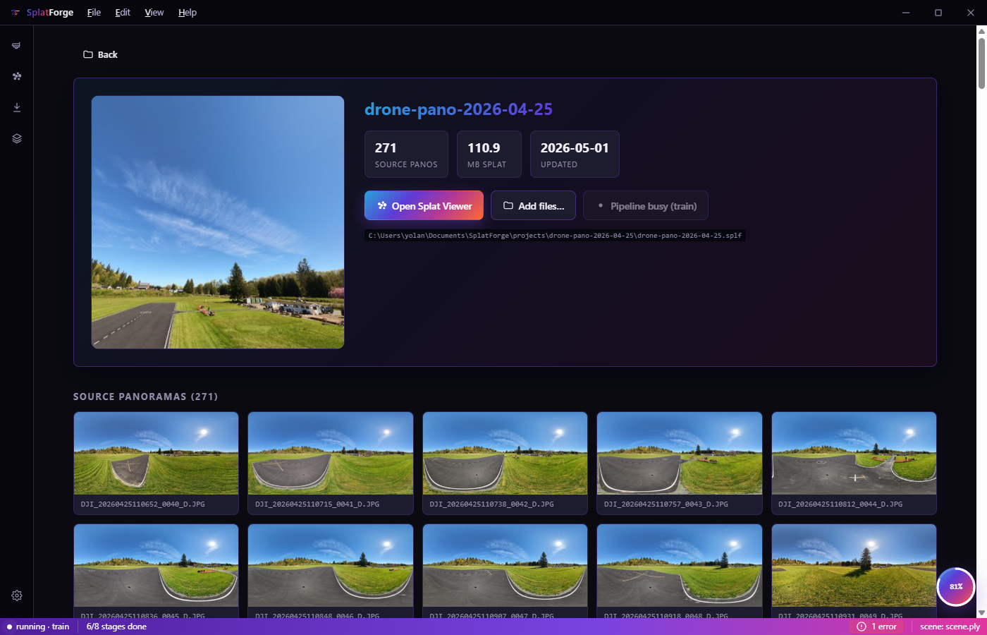 A project page showing the source 360° panoramas as a thumbnail grid below the project metadata.